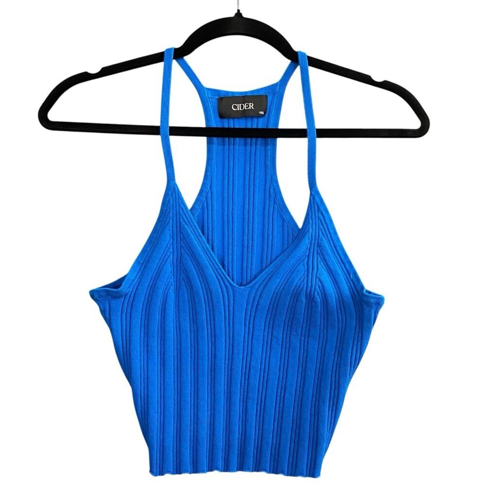 CIDER Women Crop Pullover Ribbed Racerback Top Sz 1XL Blue V‎ Neck Summer 10-17